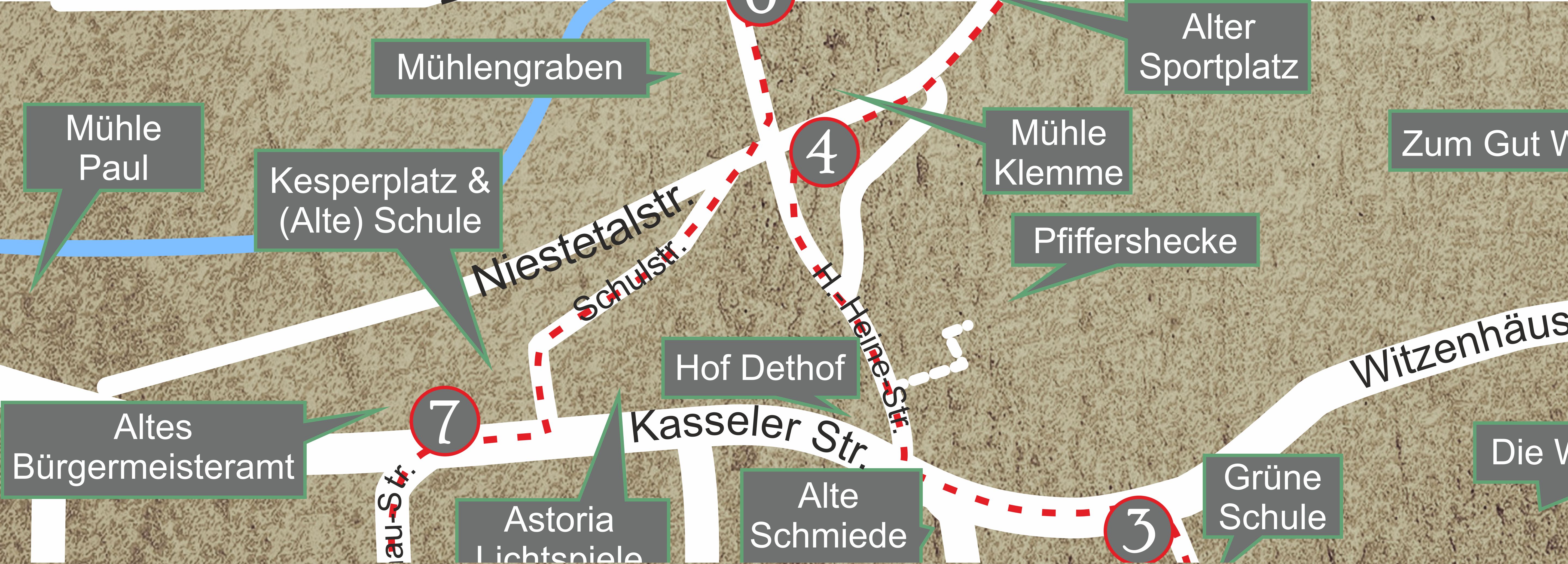 Karte mit der Tafel 4 an der Niestetalstraße und der Tafel 3 zur besseren Verständlichkeit des Laufweges.